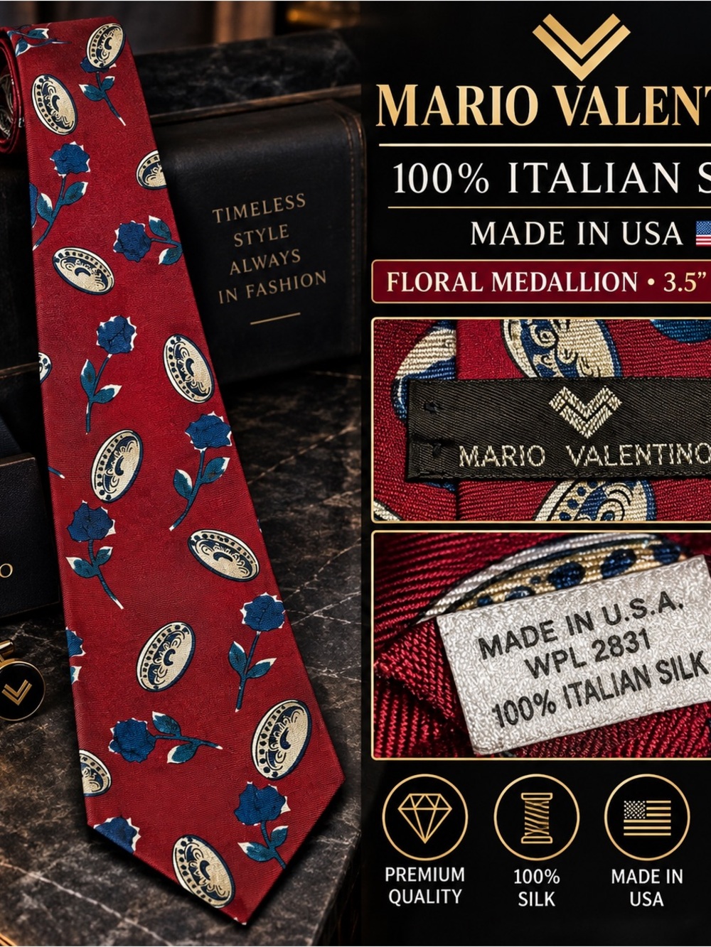 Mario Valentino Silk Tie Made USA Red Blue Floral Medallion 3.5” Wide 56”